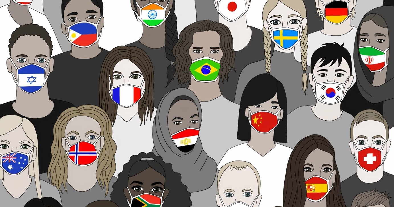Zeichnung von Menschen unterschiedlicher Kulturen mit Masken in ihren Landesfarben